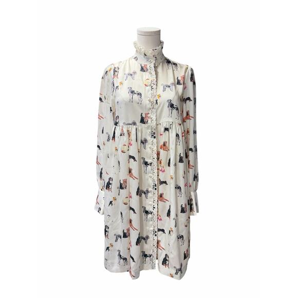 Manoush Dog Print Ruffle Neck Long Pearl Detail Sleeve Dress - Picture 1 of 5